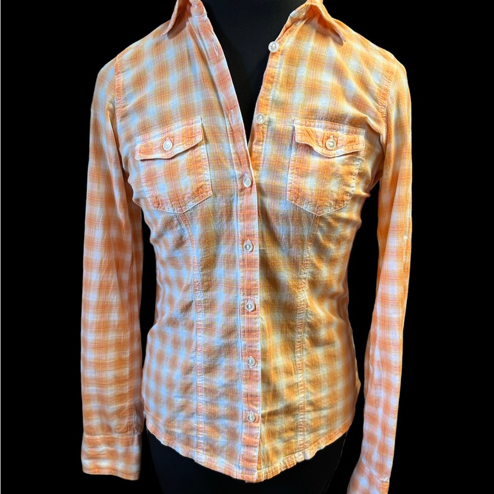Aeropostale Women's Medium Orange Plaid Long Sleeve Button Down Casual Shirt